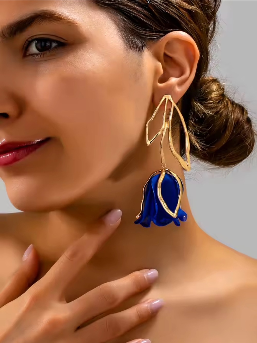Gold-Tone Earrings with Royal Blue Floral Drop